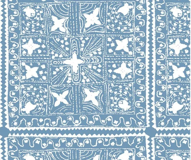 Blue and white geometric and floral patterned textile design.