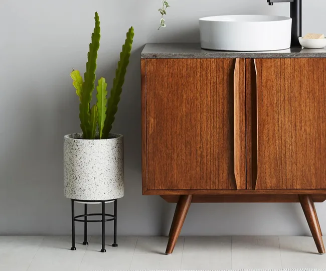 Mid-century wood cabinet with sink next to a cactus in a terrazzo planter on metal legs, against a light gray wall.