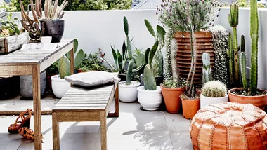 Outdoor patio with various potted cacti, wooden table and bench, leather pouf, and sandals on the floor.