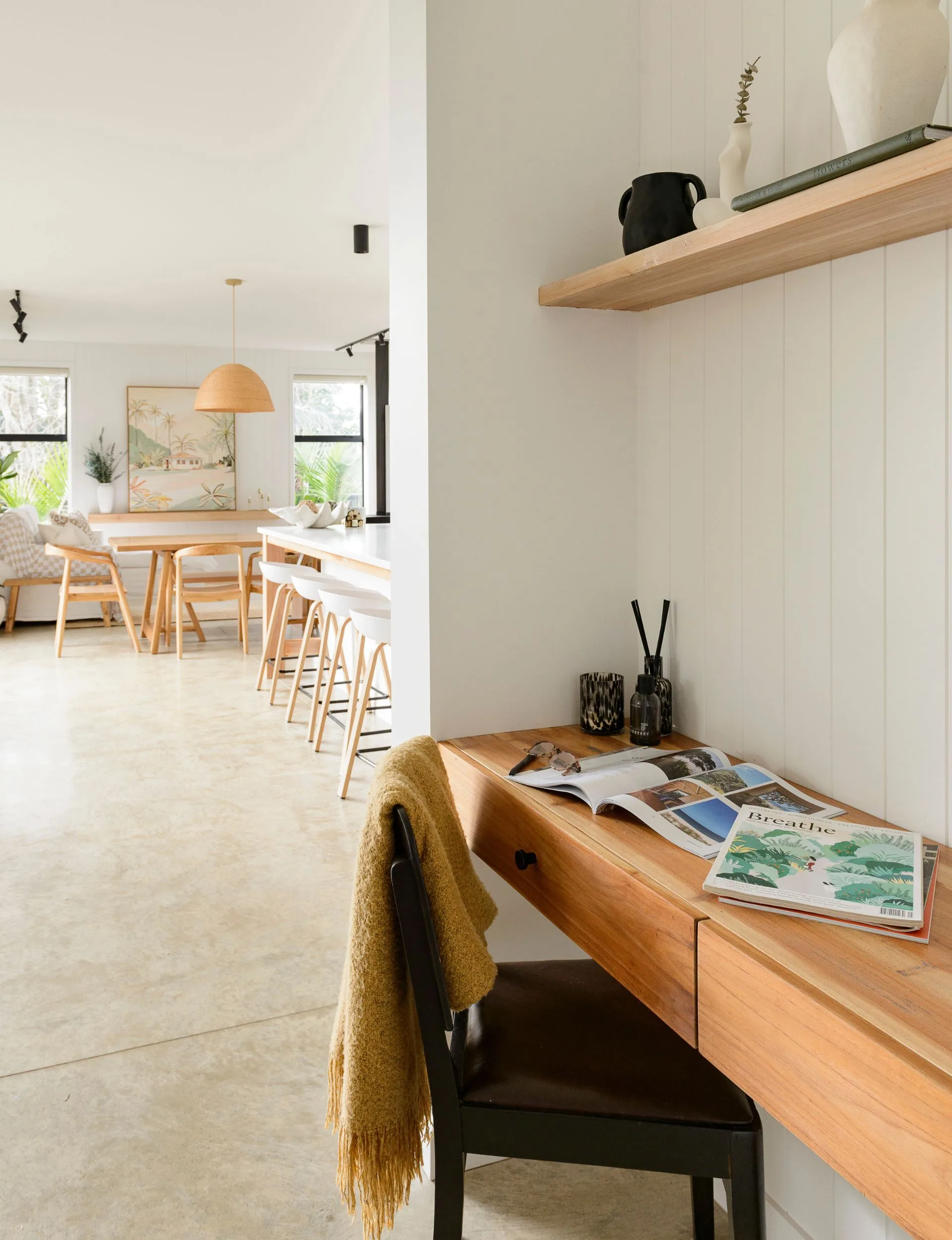 A view of the Pakuranga new-build dining room from the study nook