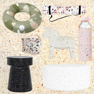 Terrazzo-themed items: inflatable ring, yoga mat, pouch, horse figure, bottle, black stool, white cushion.