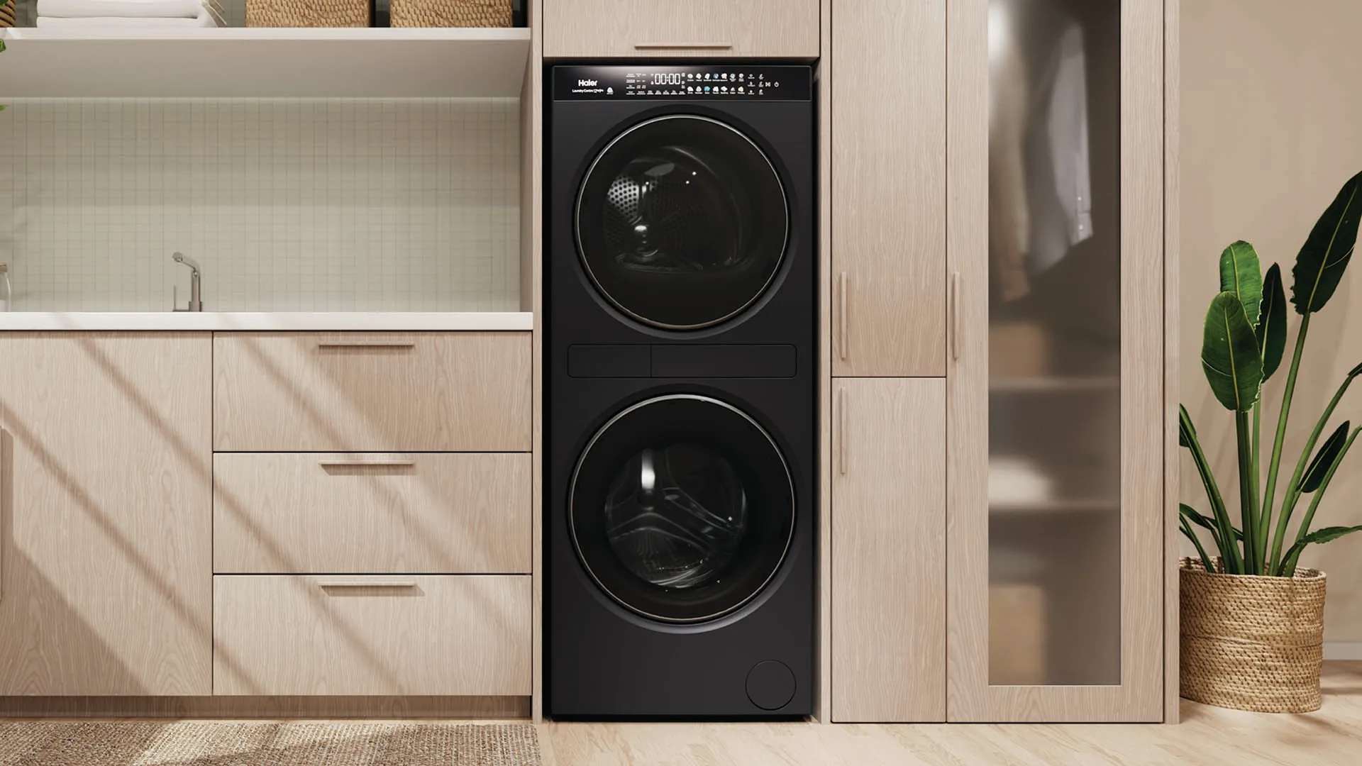 Haier's new smart appliances, the Laundry Centre combines the washer and dryer in to a single stacked unit
