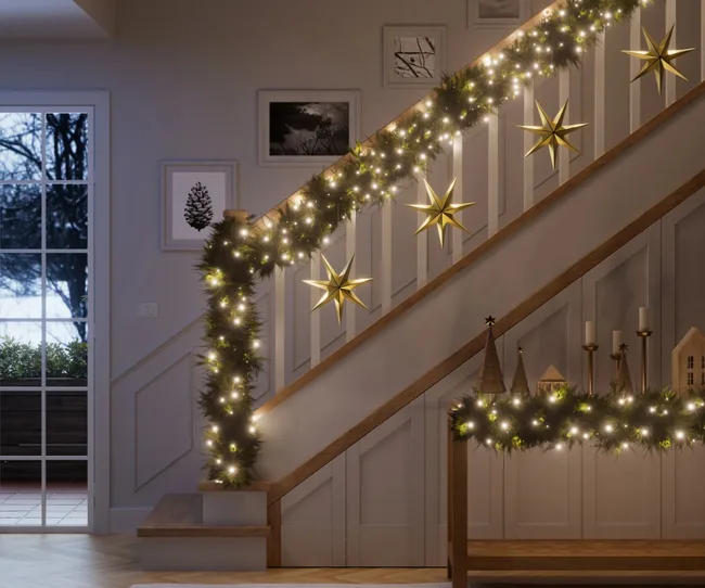 Nanoleaf holiday lights decorated over a staircase