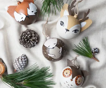 Woodland creature baubles: fox, deer, hedgehog and owl