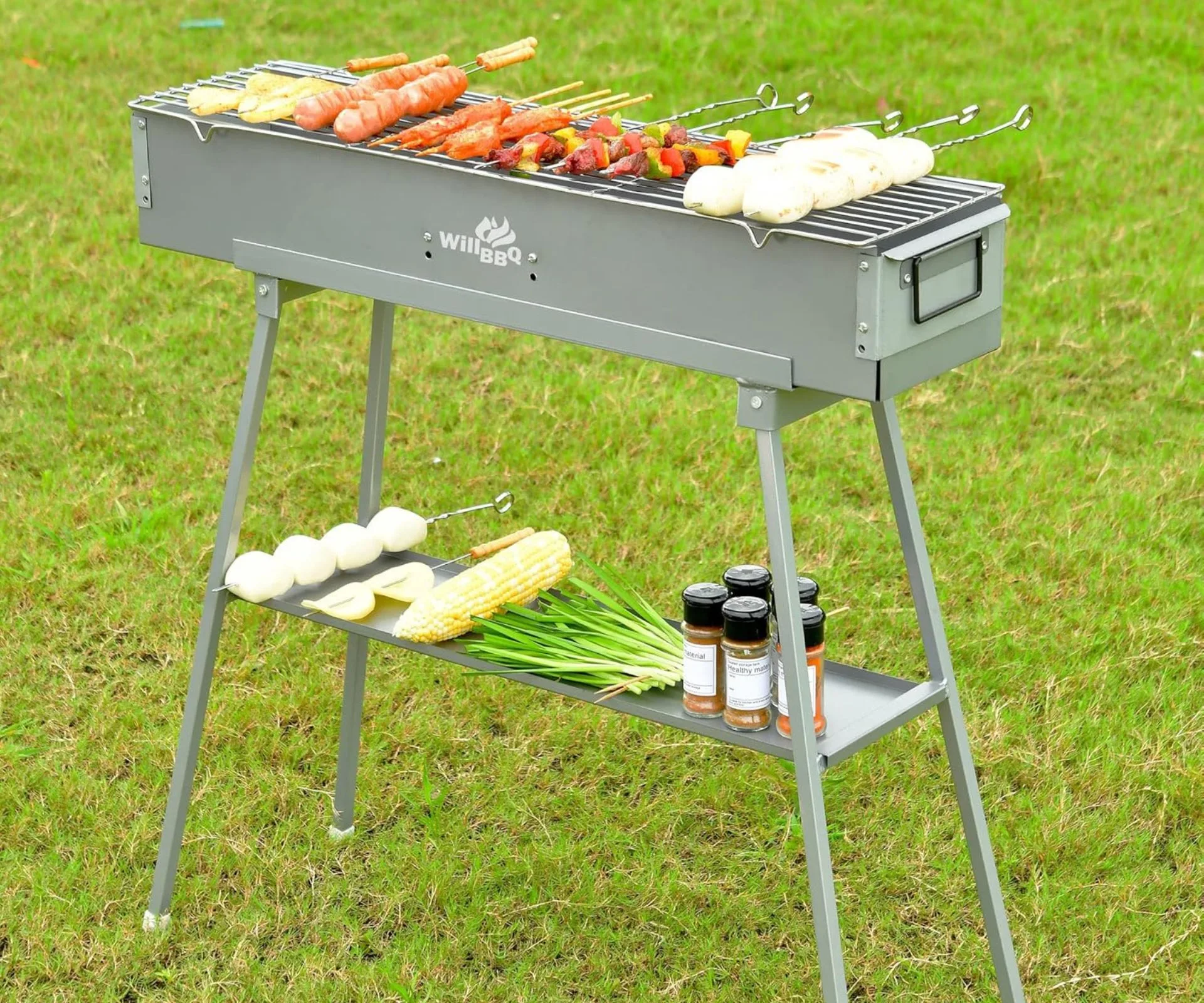 Vegetables and meat grilling on the hibachi barbecue