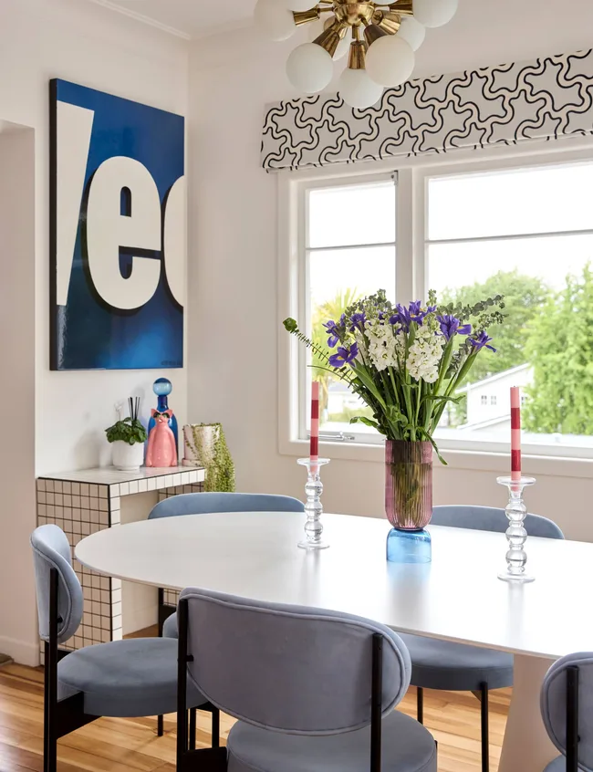 The kitchen bench overlooking the dining room table