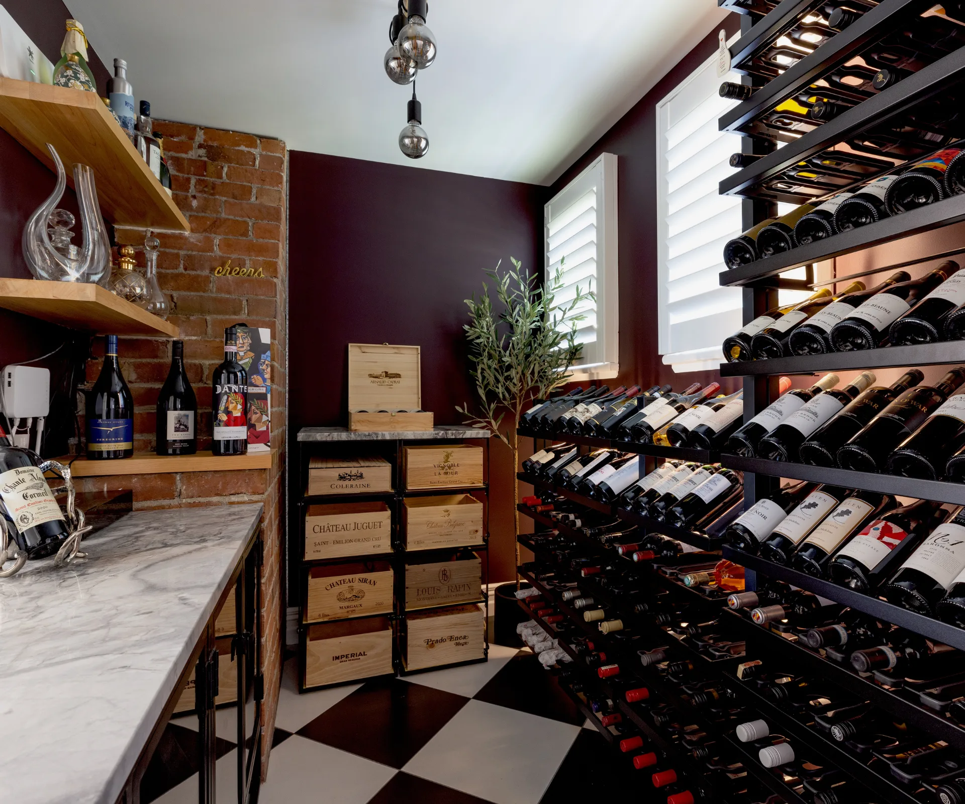 Wine cellar with a wall painted in Resene Aubergine