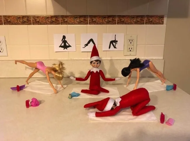 Elf on the Shelf running a yoga class