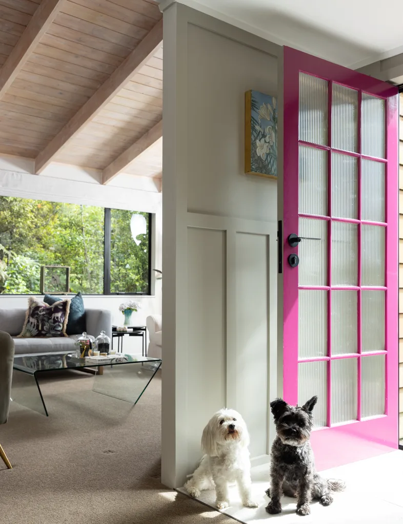 Front door painted in same colour as the plum feature wall