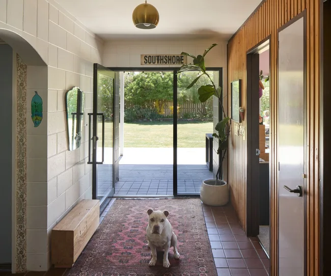A dog sitting on the mat in the Christchurch home entryway after the renovation
