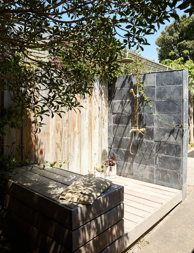 The outdoor shower that the homeowners added to the house during the renovation in Christchurch