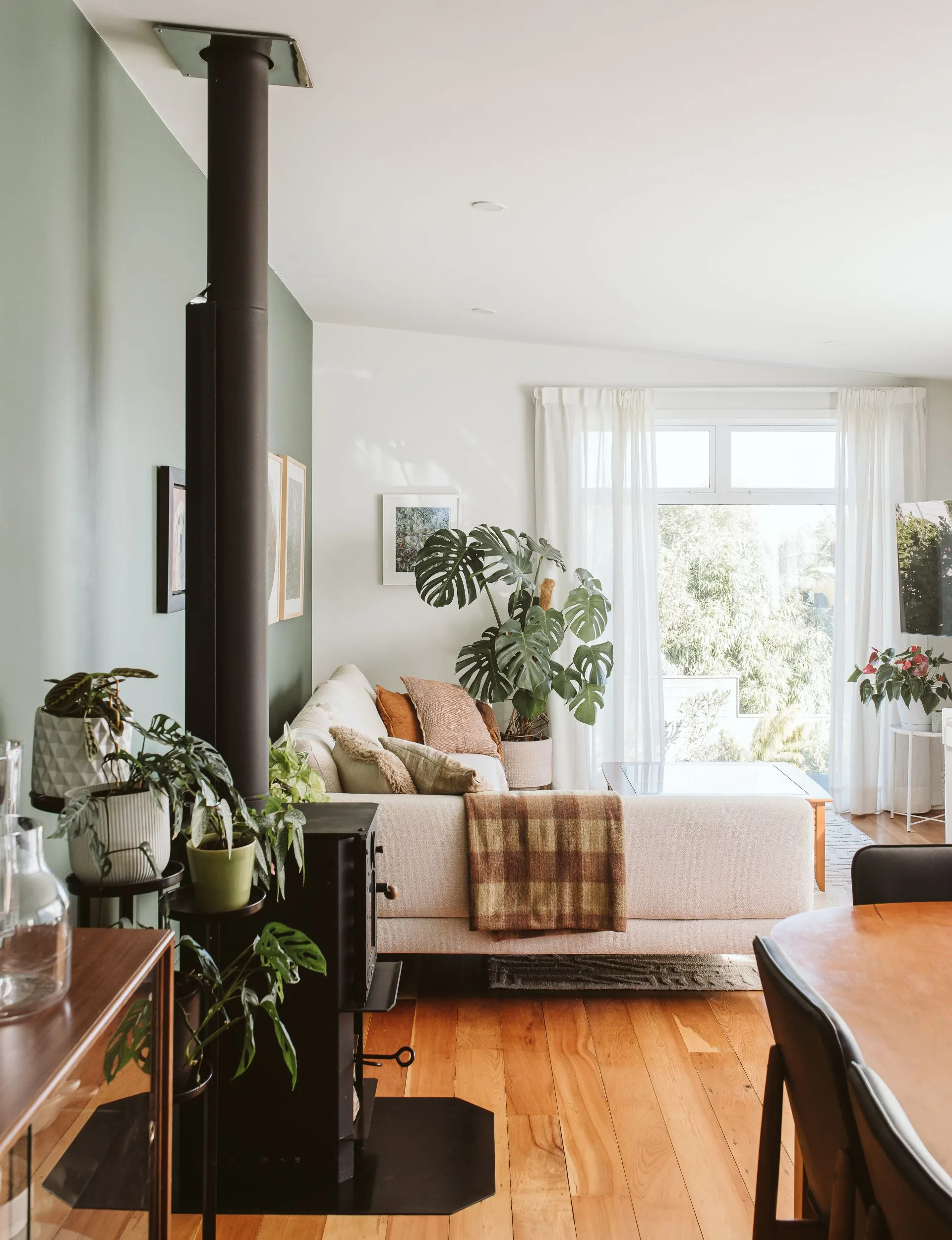 The renovated New Plymouth villa living room with a deep green feature wall behind the fireplace
