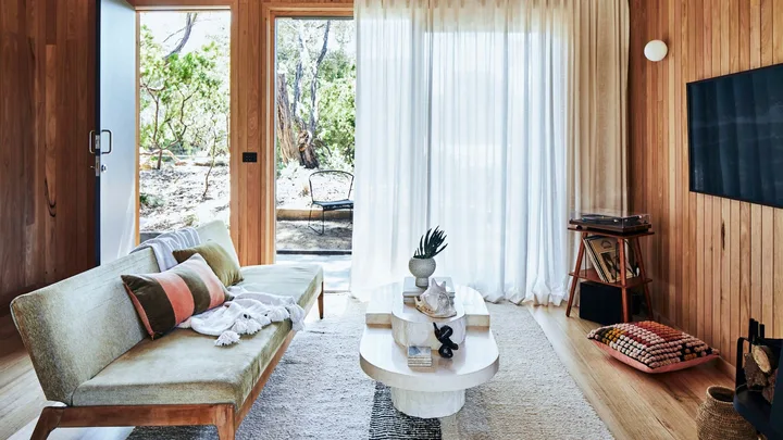 The renovated living room of the beach cabin