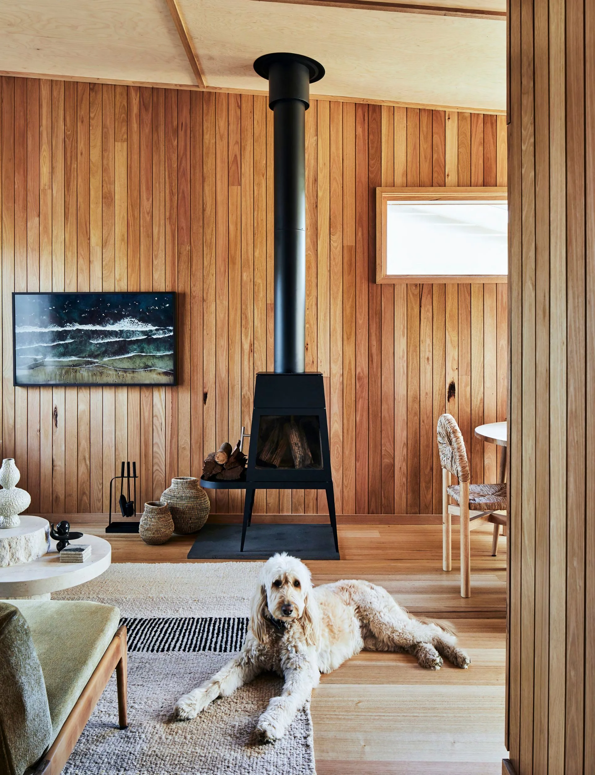 A puppy laying beside a wood fire in the renovated beach cabin living room 