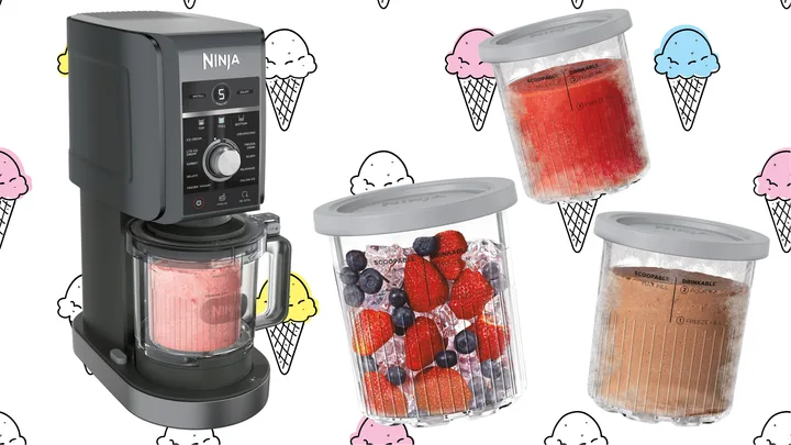 Ninja ice cream maker with containers of ice cream, fruit, and dessert; ice cream-themed background.