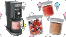 Ninja ice cream maker with containers of ice cream, fruit, and dessert; ice cream-themed background.