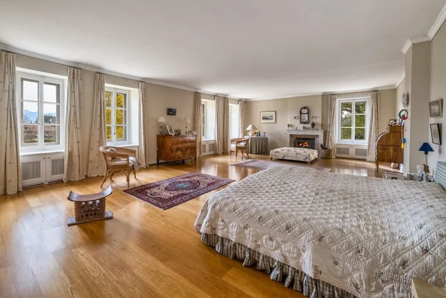 A large bedroom with a double bed
