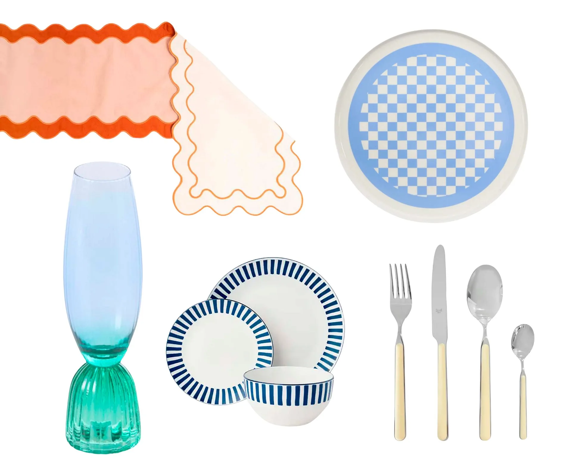 five colourful products that create a New Marine inspired  table setting