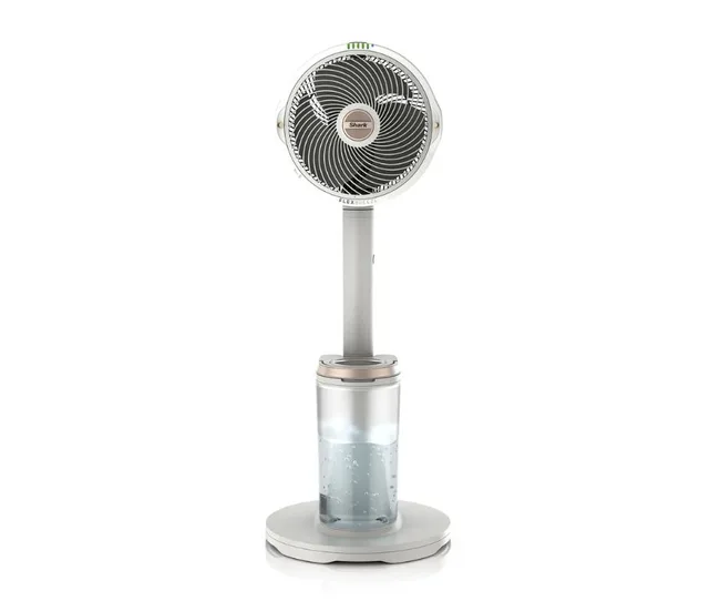 White pedestal fan with water tank against white background