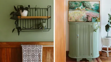 Green paint on bathroom wall and old cabinet