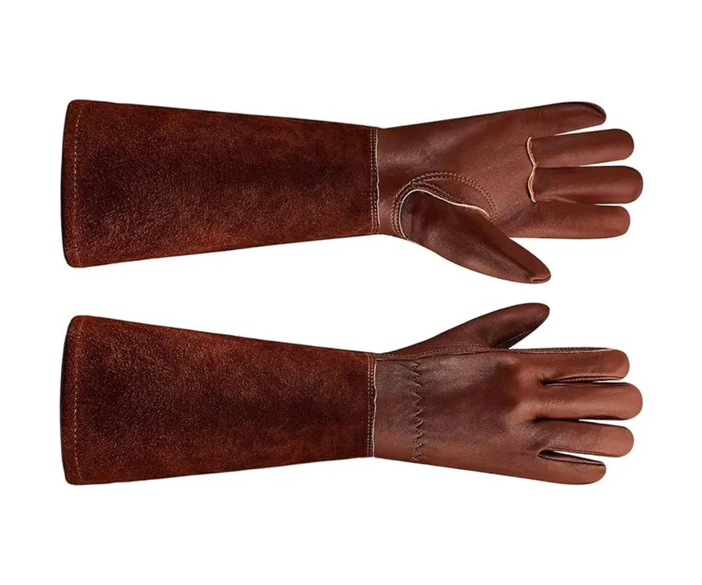 Red long gloves for pruning against a white background