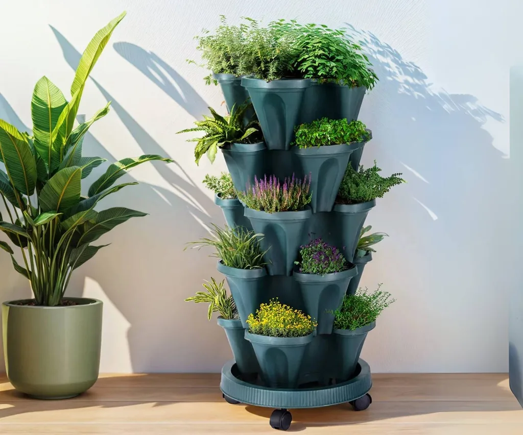 A green vertical planter with pockets of different herbs and flowers