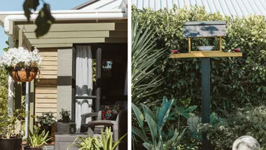 Left hand side: Newly painted pergola using Resene Hemlock, a potent green. Right hand side: Newly constructed bird feeder