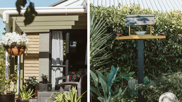 Left hand side: Newly painted pergola using Resene Hemlock, a potent green. Right hand side: Newly constructed bird feeder