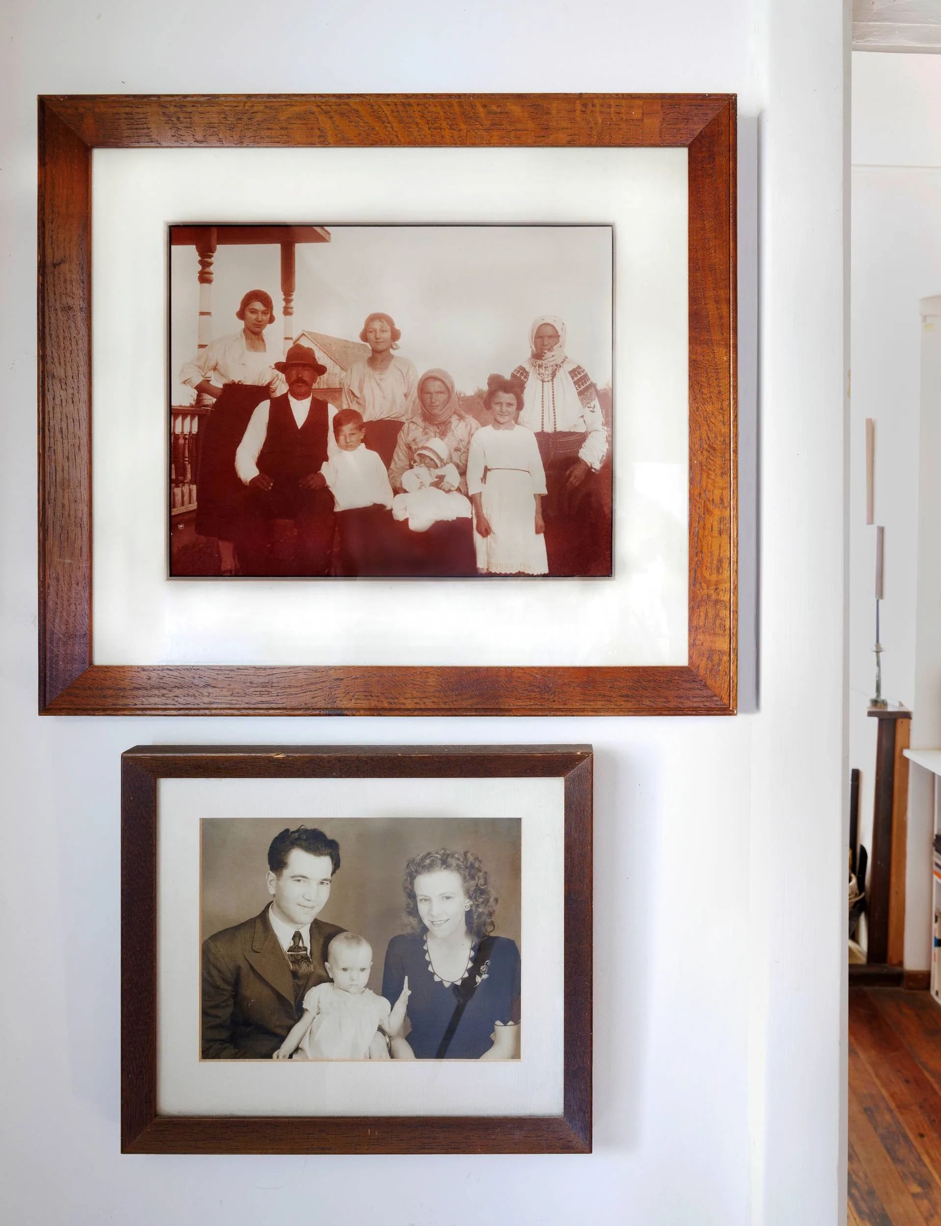 Photos of Reb Fountain and her family on the hallway wall