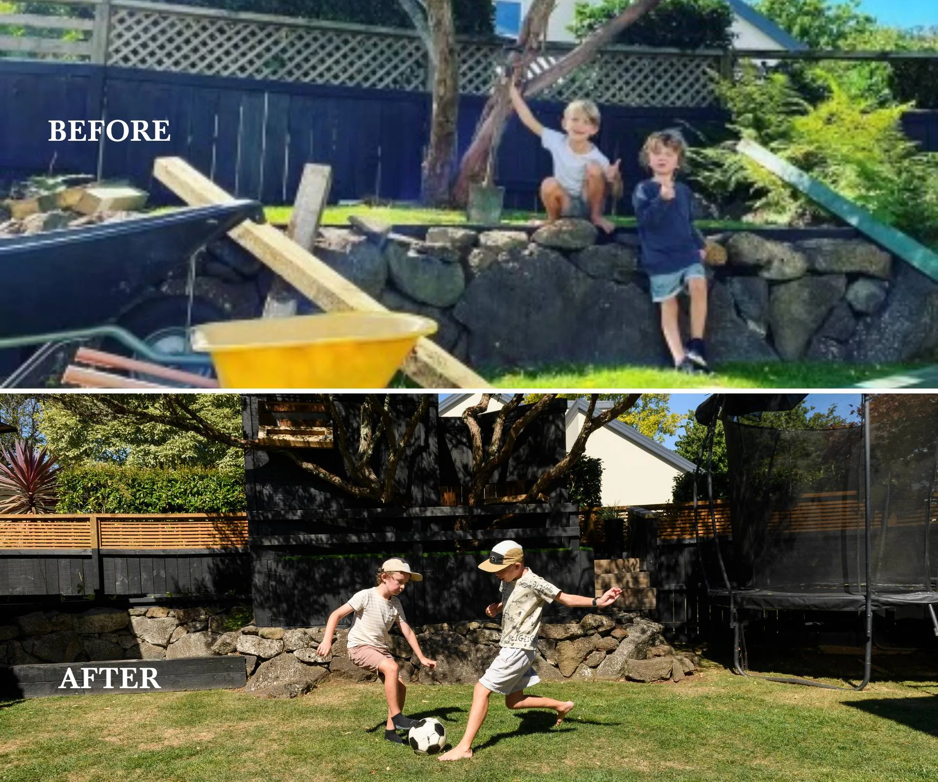 Before and after photos of the young boys playing in their back yard 