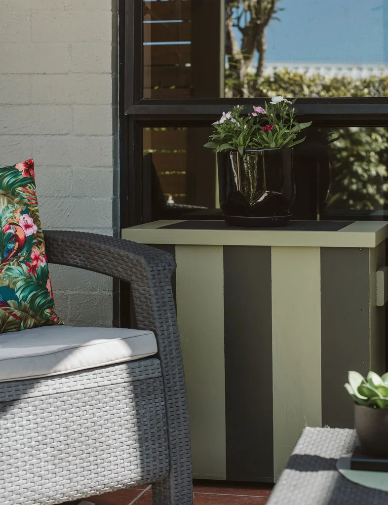 A striped squab and cushion box using two different Resene green paints