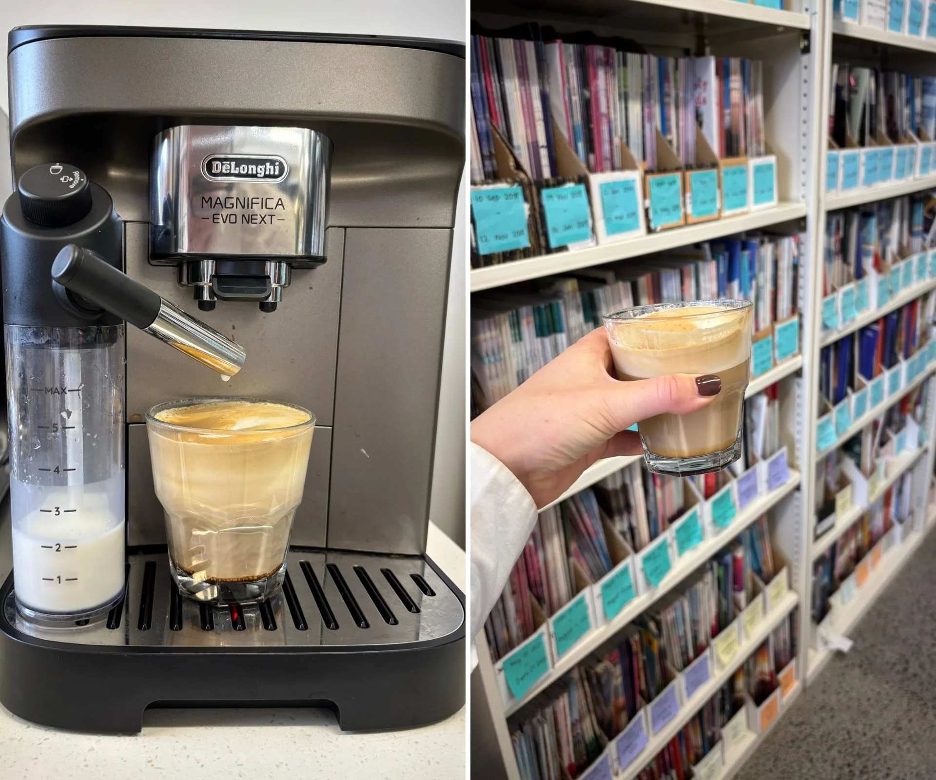 A side by side of a coffee being made and admired by the drinker 