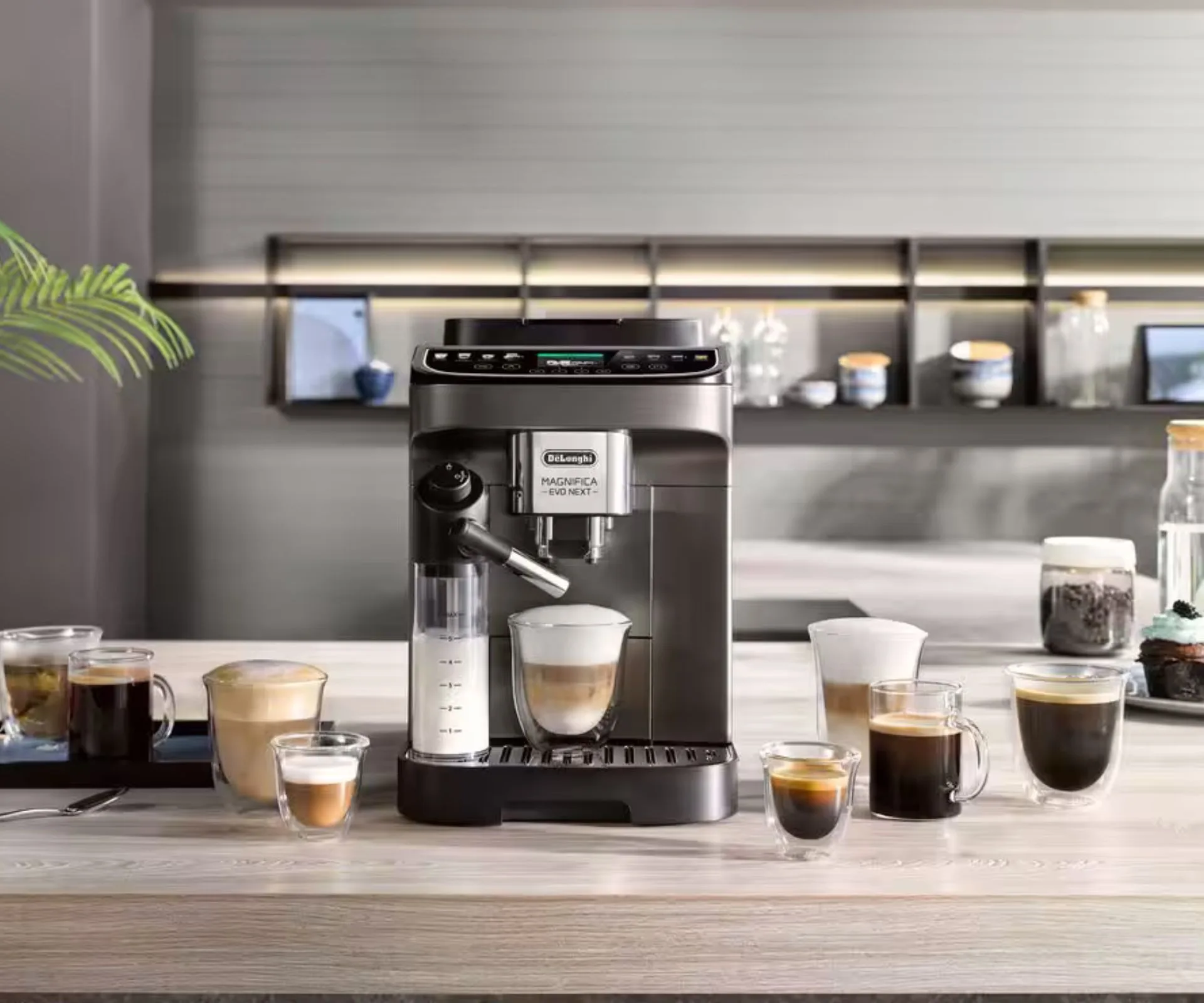 A supplied image of the De’Longhi Magnifica Evo Next surrounded by different coffee varieties