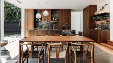 The renovated dining room table area in the Wellington home