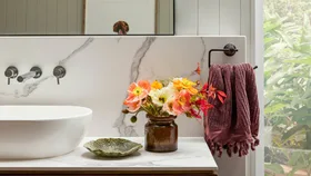 Icelandic poppies on a bathroom vanity