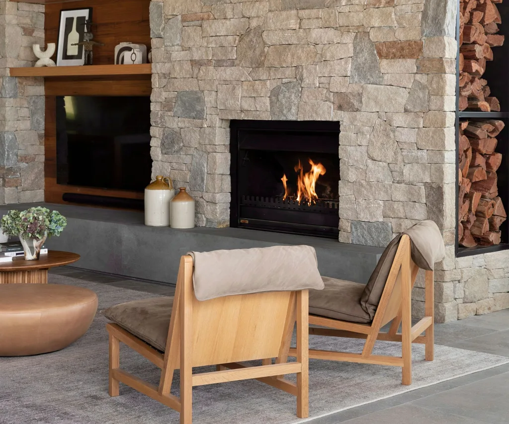 A living room with a fire going