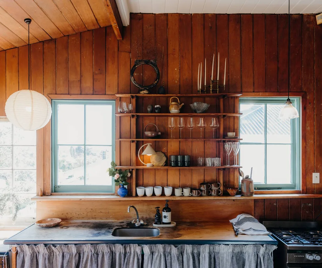 kitchen wooden rustic counter with cups on shelves