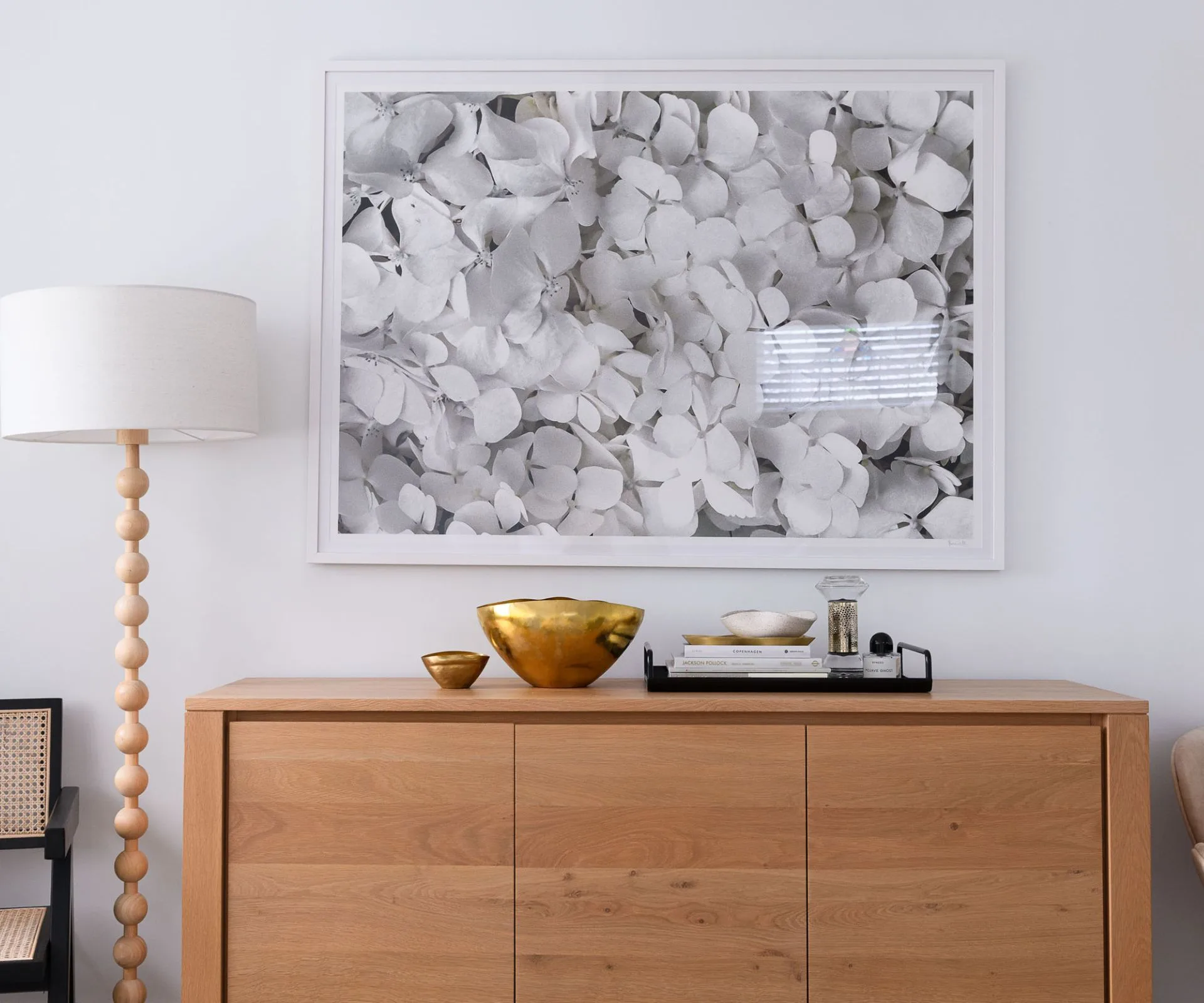 flower picture framed and brown storage unit