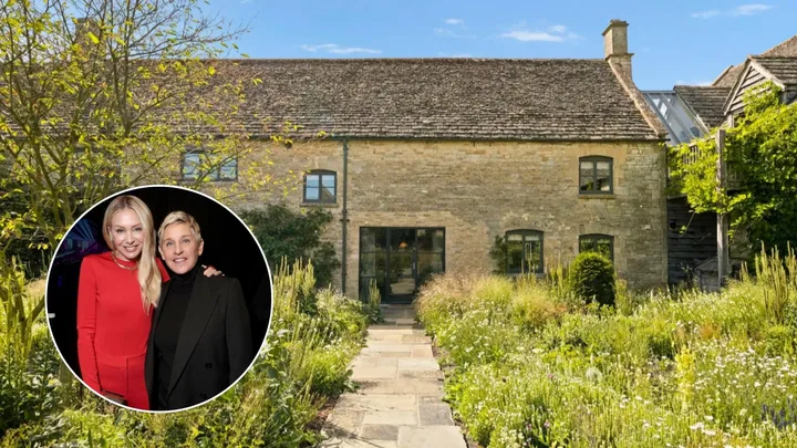 The stone exterior of Ellen Degenerous and Portia De Rossi's UK home