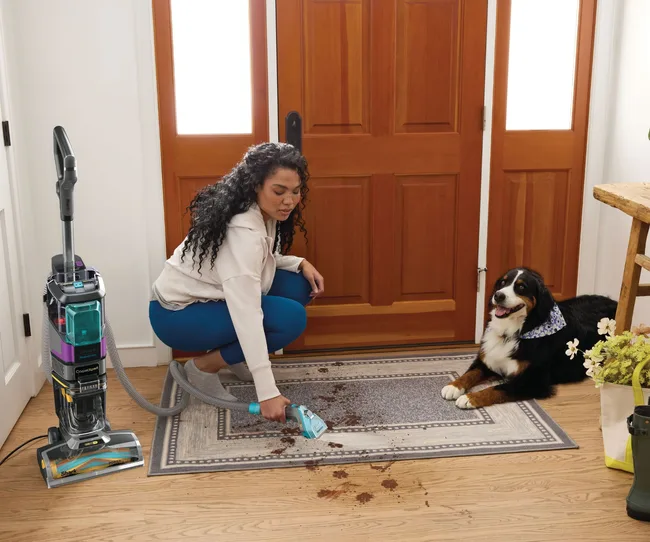 Woman using Shark CarpetXpert HairPro Pet with StainStriker vacuum to clean up the dog's dirty paw prints