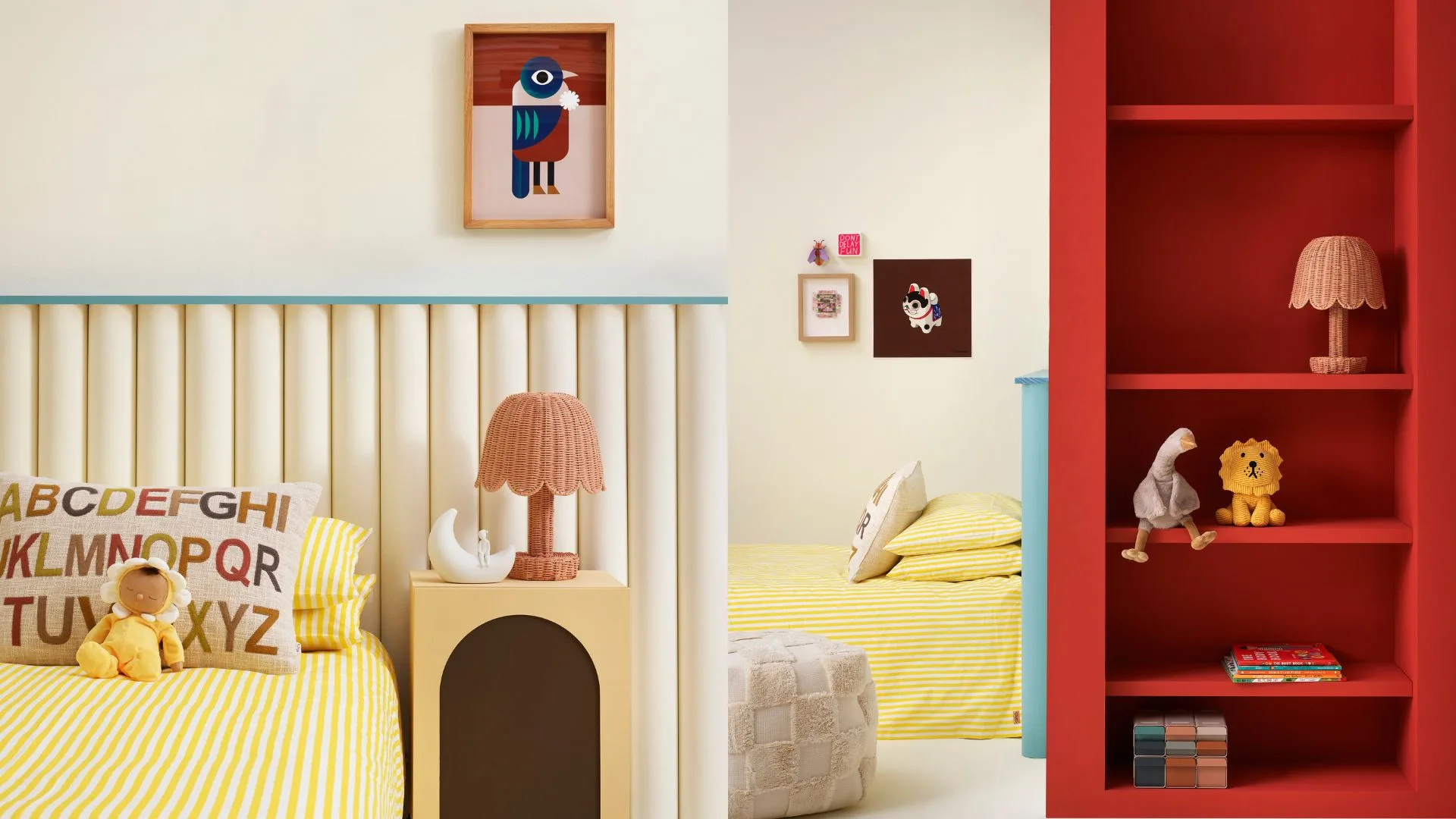 Neutral child's bedroom with pops of blue and red