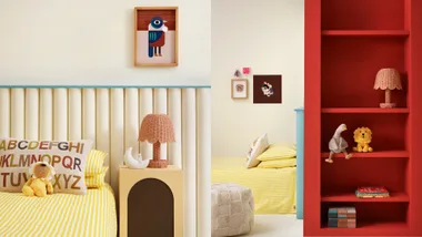Neutral child's bedroom with pops of blue and red