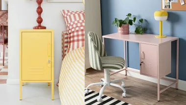 Yellow bedside storage and pink metal storage desk.