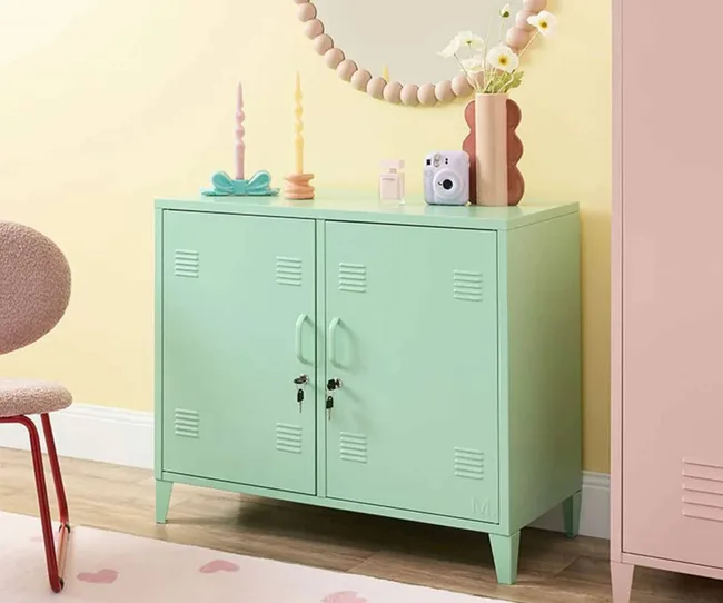 Mint coloured metal storage cabinet.