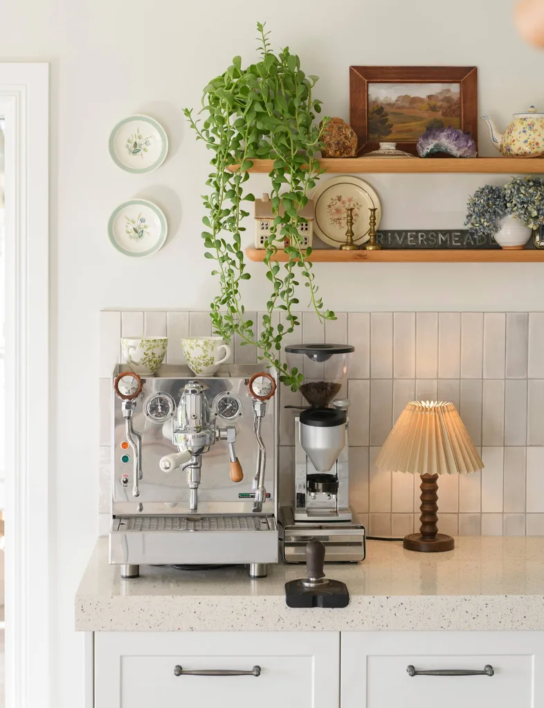 The coffee station in a white kitchen.