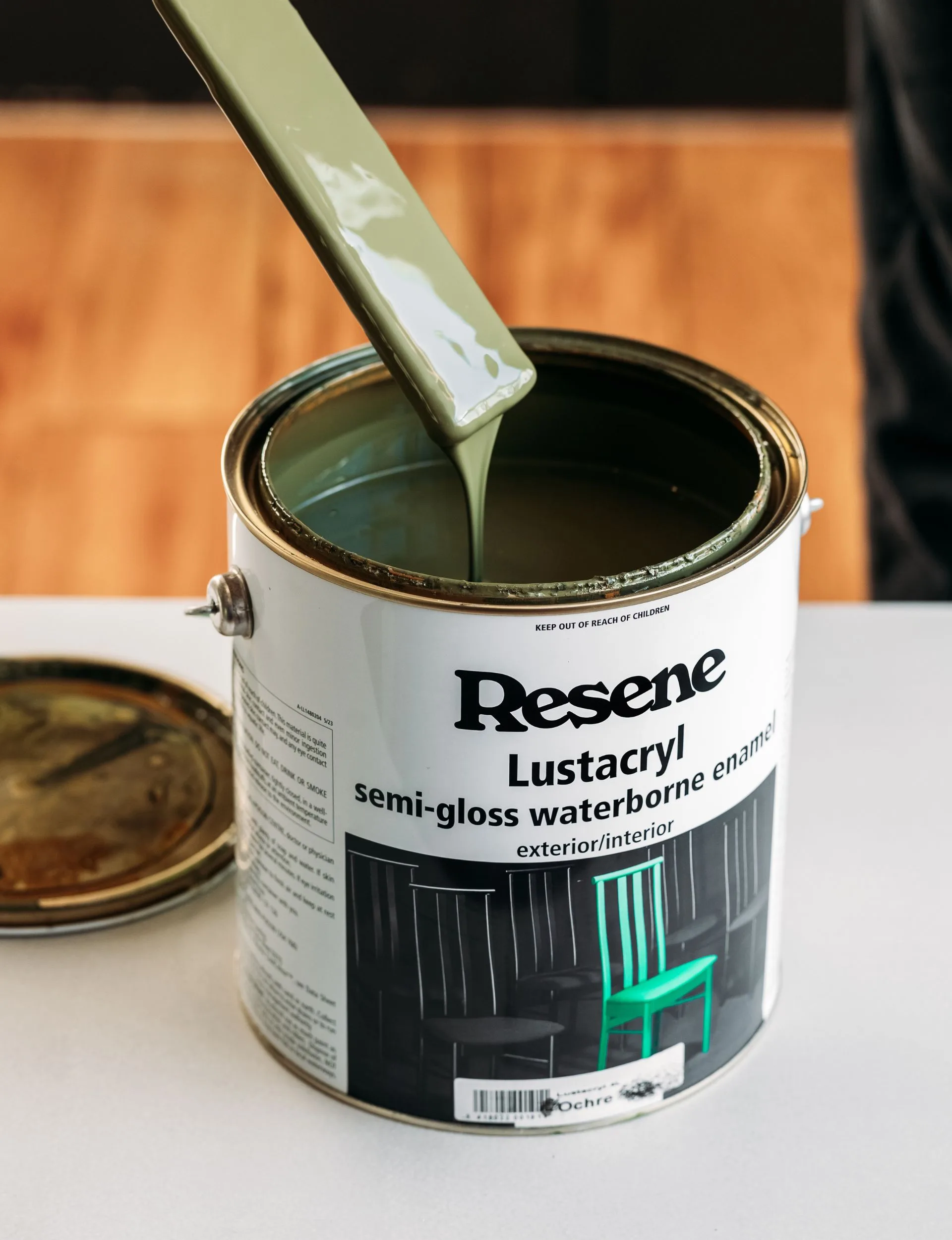 Once the primer is dry, paint the colour you want, we have used Resene Kelp, a green colour