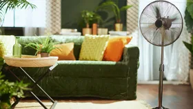 A pedestal fan with a green sofa and side table