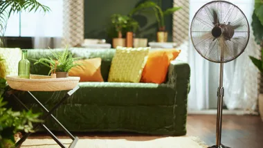A pedestal fan with a green sofa and side table