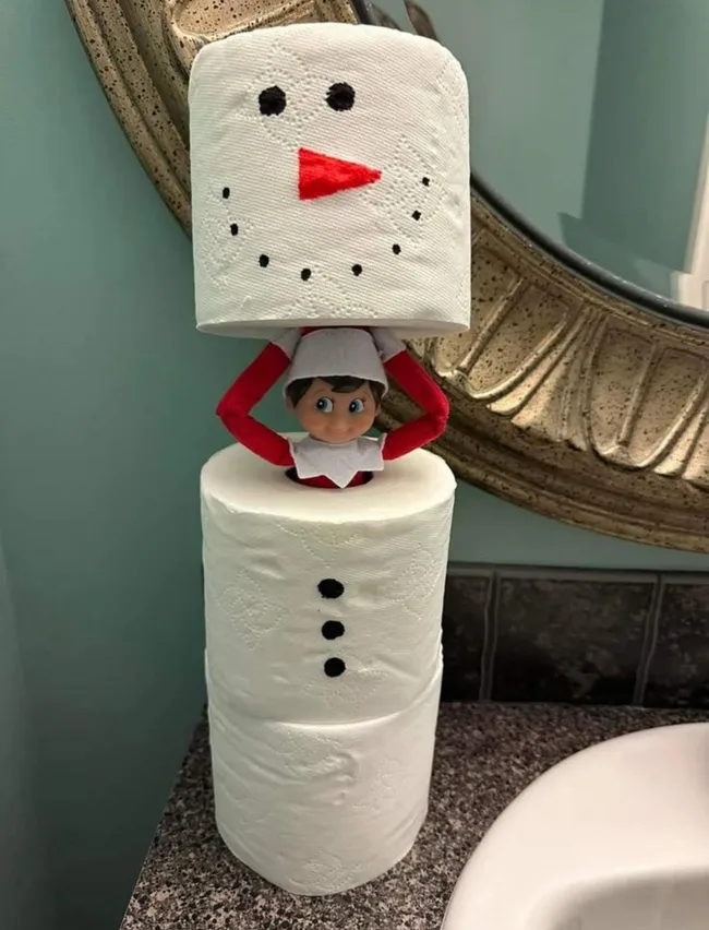 Elf hiding in toilet paper rolls