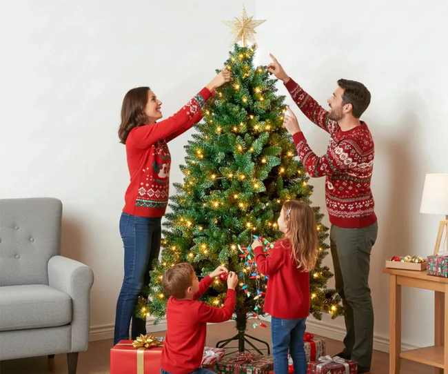 A family of four decorating their pre-lit artificial Christmas tree